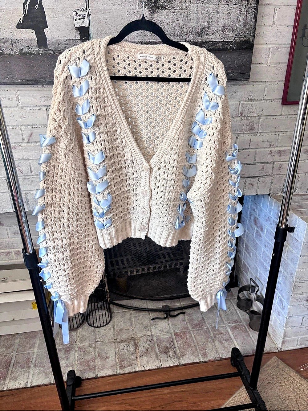 Altar’d STATE Crochet Ribbon Cardigan in Cream & Blue Size Small Like New